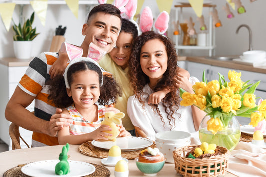 A happy family enjoying an Easter-themed dinner