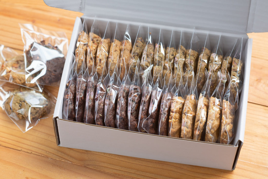 Individually-wrapped cookies in a box that’s ready to ship