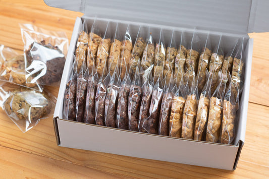 Individually-wrapped cookies in a box that’s ready to ship