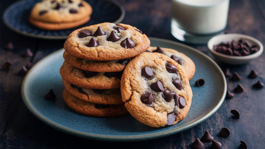 A stack of chocolate chip cookies on a plate surrounded by chocolate chips