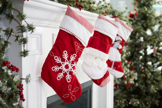 DIY Christmas stockings hung on a fireplace