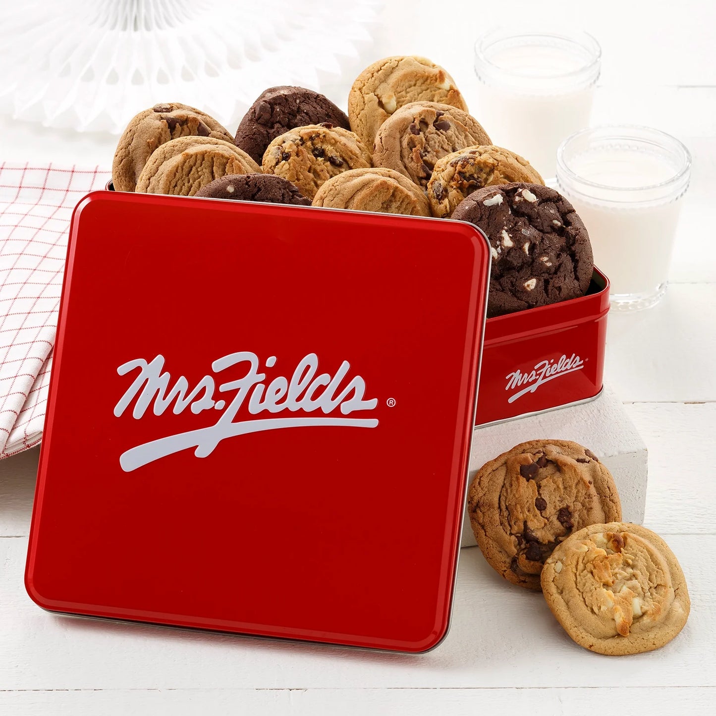 Mrs. Fields signature red tin filled with an assortment of original cookies